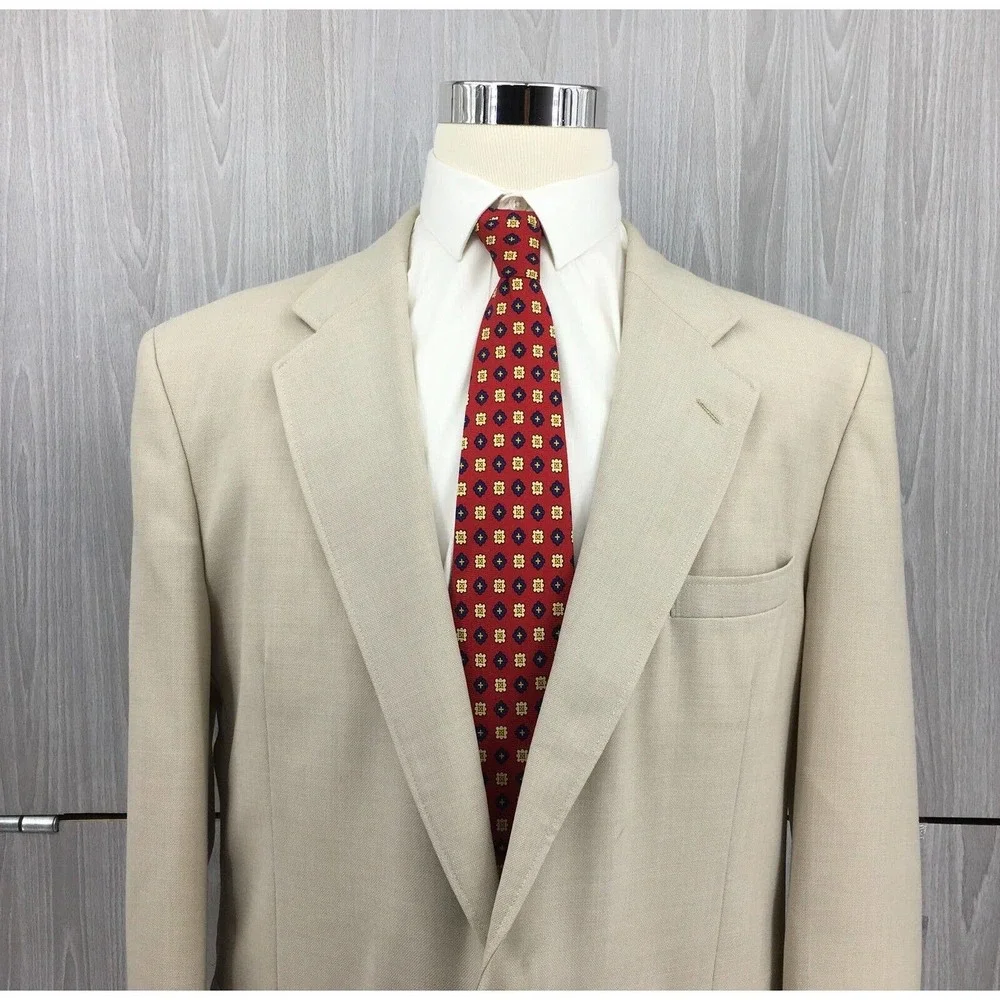 John Weitz Mens Beige Hopsack Blazer Gold Crest Buttons Sport Coat Tan
